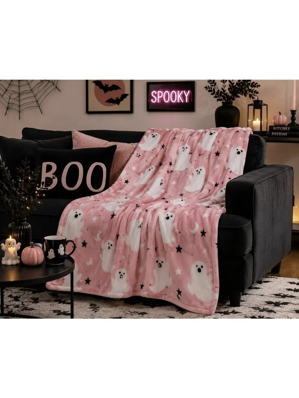 Pink Halloween Ghost Lounge Throw Blanket 60x70 New Members Mark Soft Plush